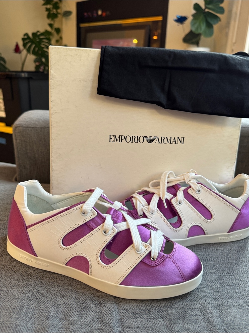 Emporio Armani White and Purple Satin-Panel Low-Top Sneakers